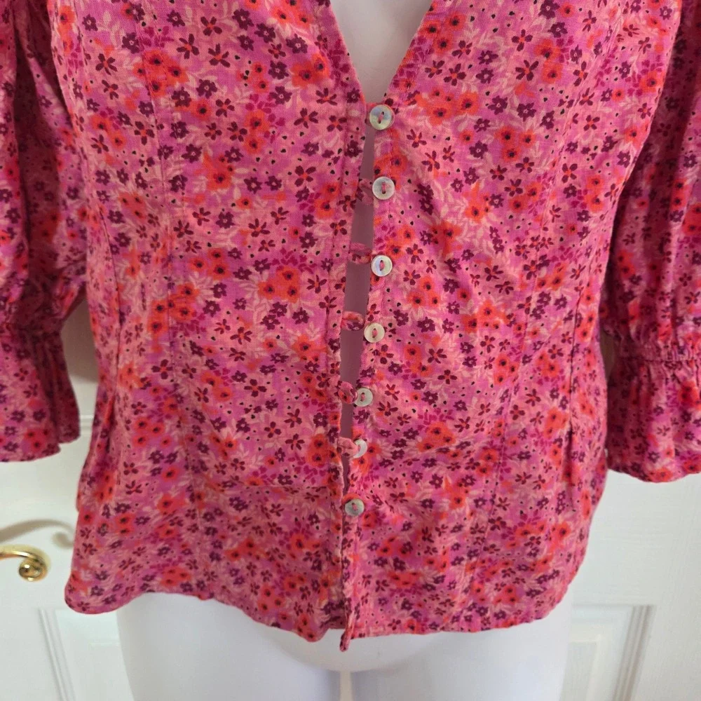 Free People Pink Floral Cotton Puff Sleeve Button Front Blouse Boho Cottage Sm